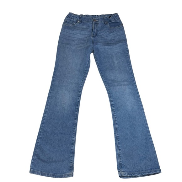 PLACE Girls Denim Jeans SZ 14 Lt Blue Bootcut Adj  Elastic Waist Whiskering - Picture 1 of 6